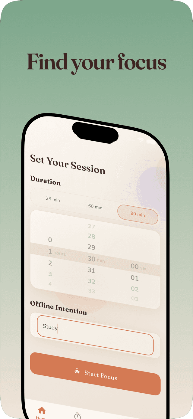 Presence focus timer with ambient sounds and session setup